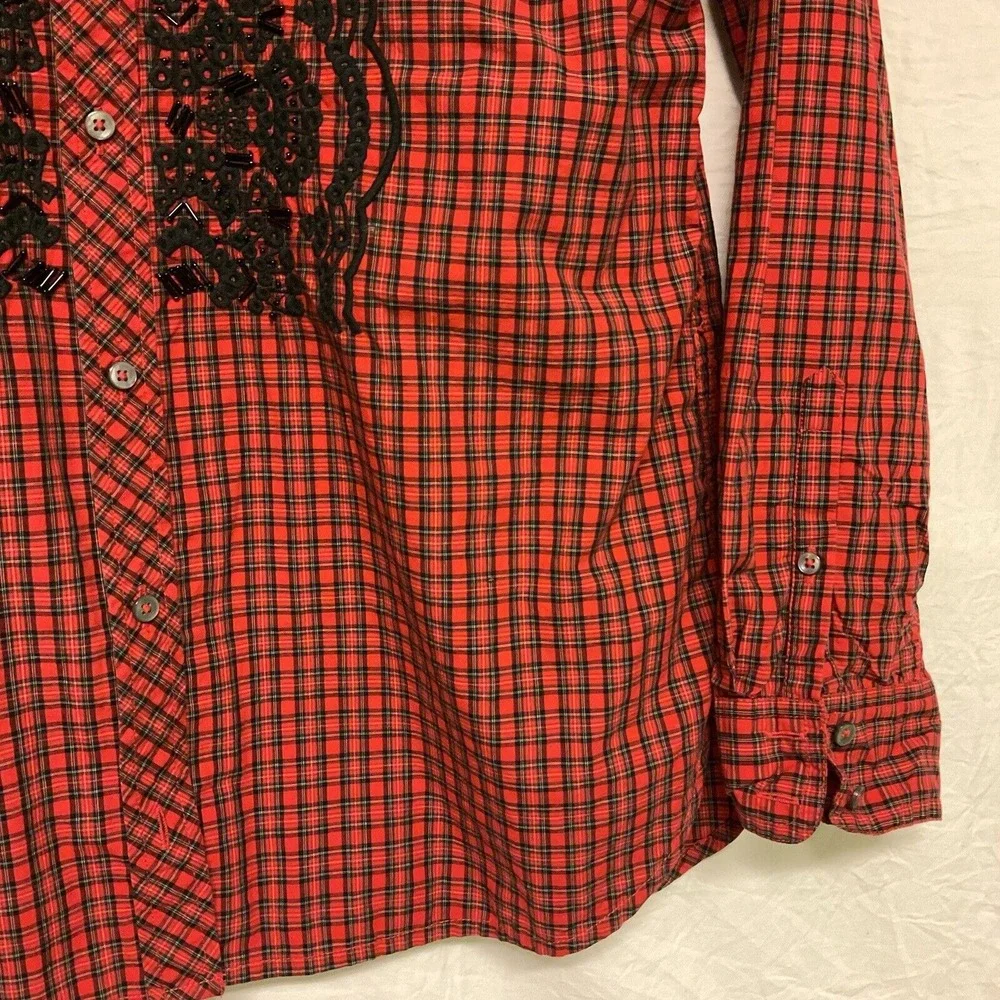 Women's J Crew Red Plaid Shirt Embroidered Sz‎ 8 Button Down Top Western Beaded